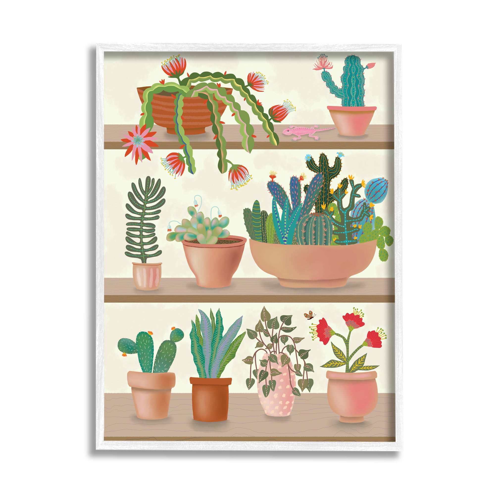 Stupell Industries Modern Chic Succulent Shelve Illustration Fun Cacti Graphic Art White Framed Art Print Wall Art, 24x30, by Darlene Seale