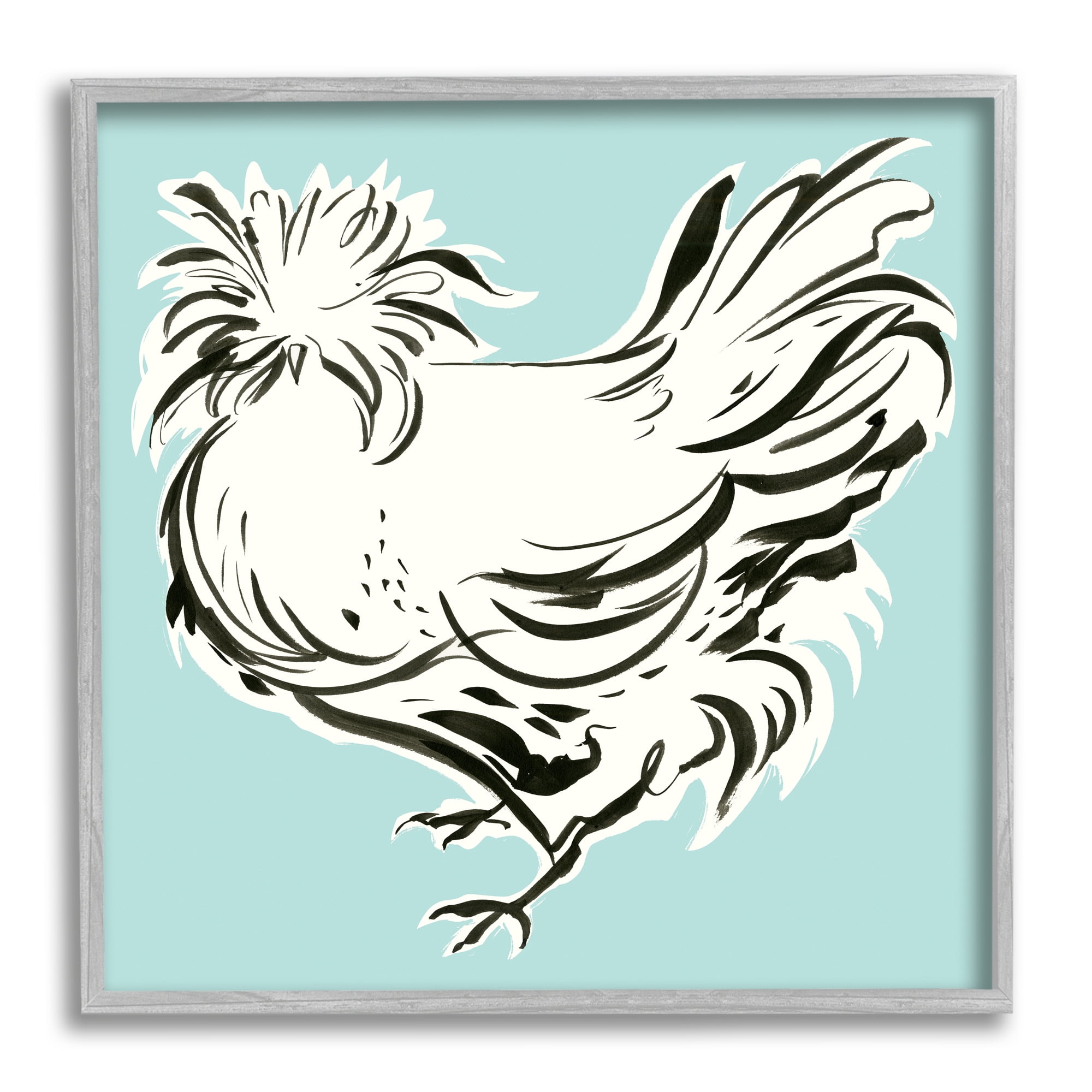 Stupell Industries Modern Chicken on Blue Animals & Insects Painting Gray Framed Art Print Wall Art, 12 x 12