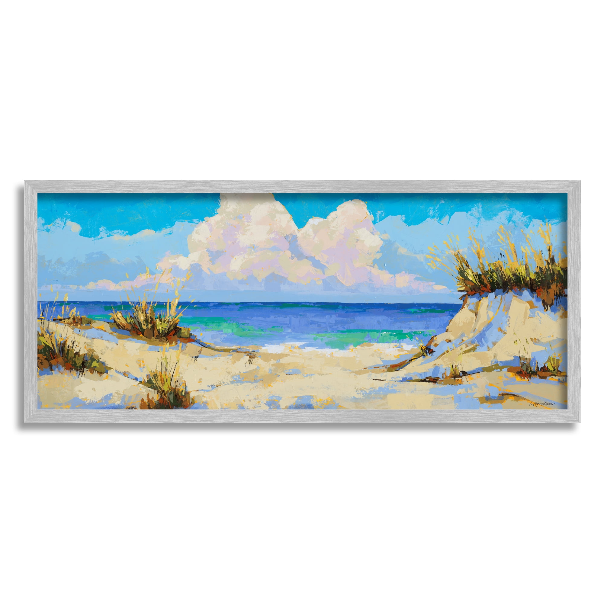 Stupell Industries Modern Cloudy Beach Nature Painting Gray Framed Art Print Wall Art, 24 x 10