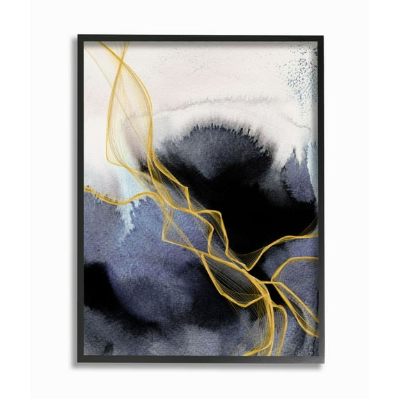 Stupell Industries Modern Coastal Abstract Organic Lines Blue Gold Framed Wall Art Design by Irena Orlov, 16" x 20", Black Framed