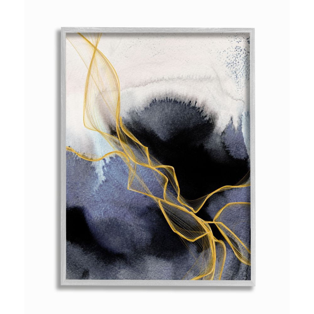 Stupell Industries Modern Coastal Abstract Organic Lines Blue Gold Framed Wall Art Design by Irena Orlov, 16" x 20", Gray Framed