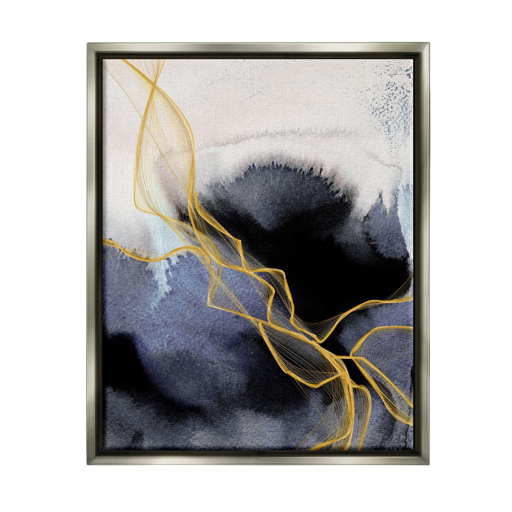 Stupell Industries Modern Coastal Abstract Organic Lines Blue Gold Luster Gray Framed Floating Canvas Wall Art, 24x30, by Irena Orlov