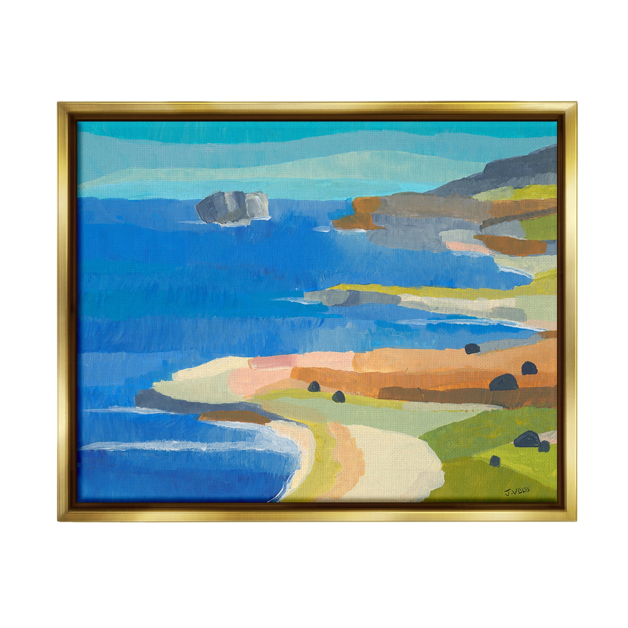 Stupell Industries Modern Coastal Inlets Landscape Painting Gold Floater Framed Canvas Art Print Wall Art, 31 x 25