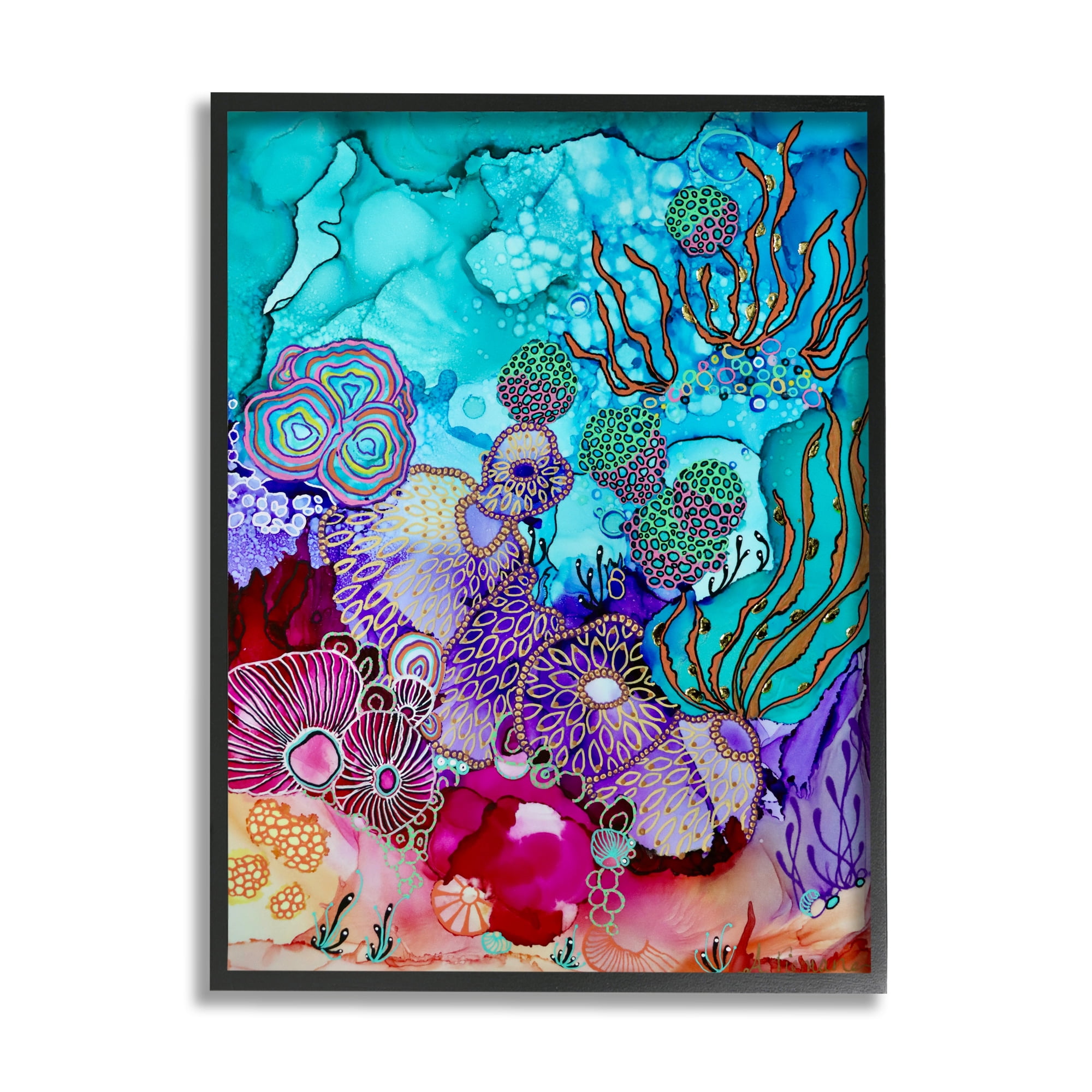 Stupell Industries Modern Coral Reef Abstract Painting Black Framed Art Print Wall Art, 16 x 20