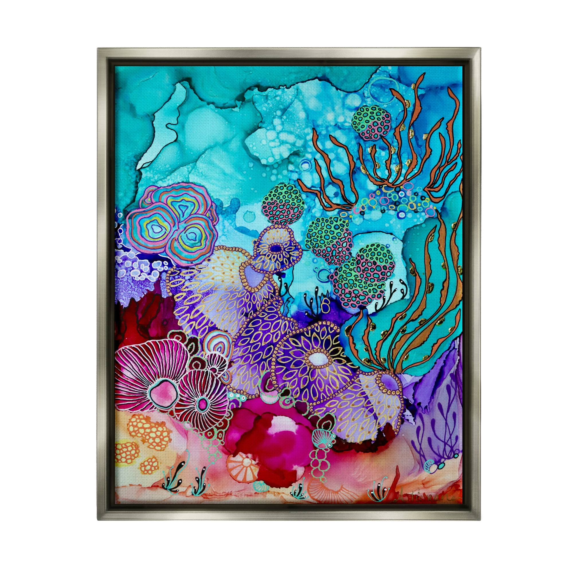 Stupell Industries Modern Coral Reef Abstract Painting Gray Floater Framed Canvas Art Print Wall Art, 17 x 21