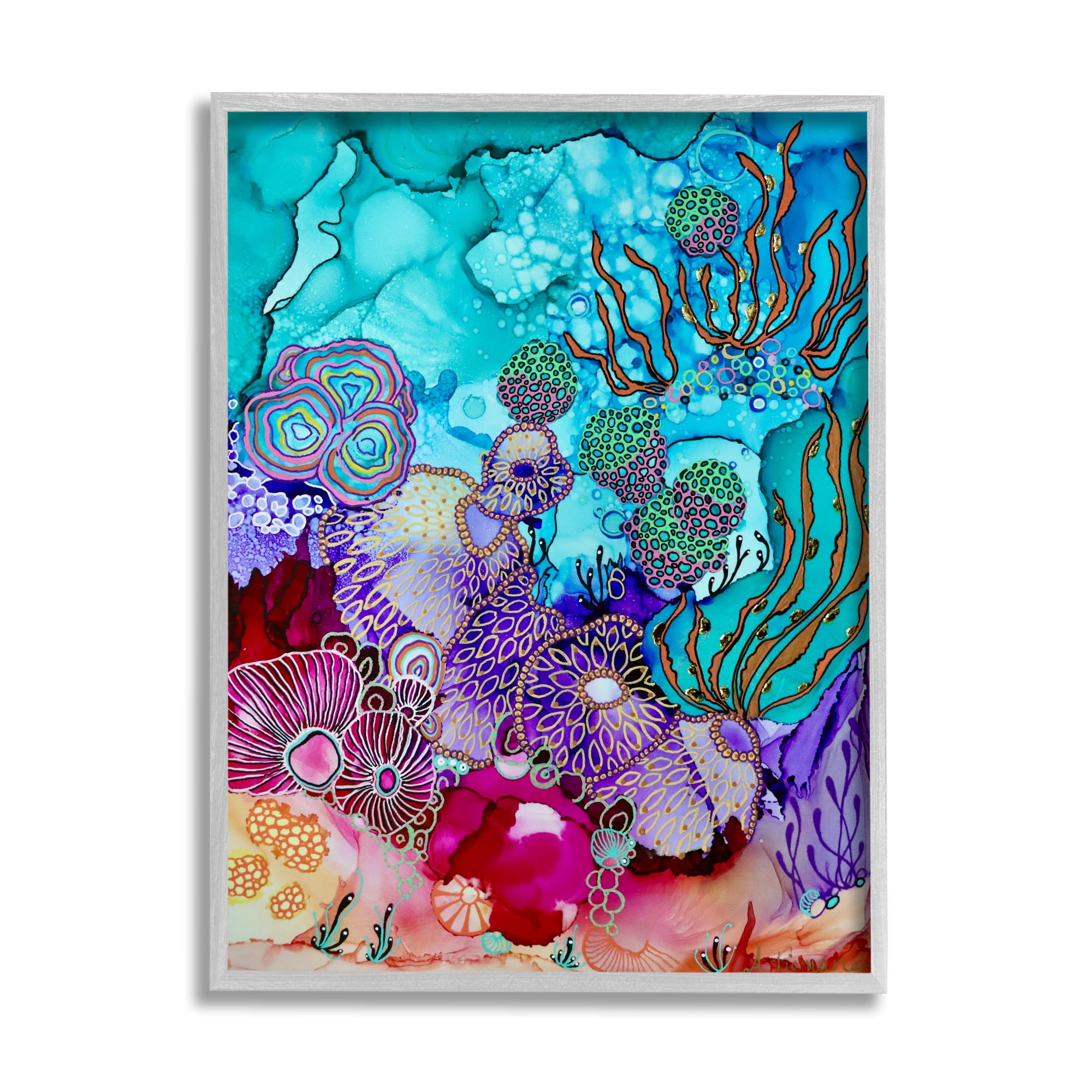 Stupell Industries Modern Coral Reef Abstract Painting Gray Framed Art Print Wall Art, 24 x 30