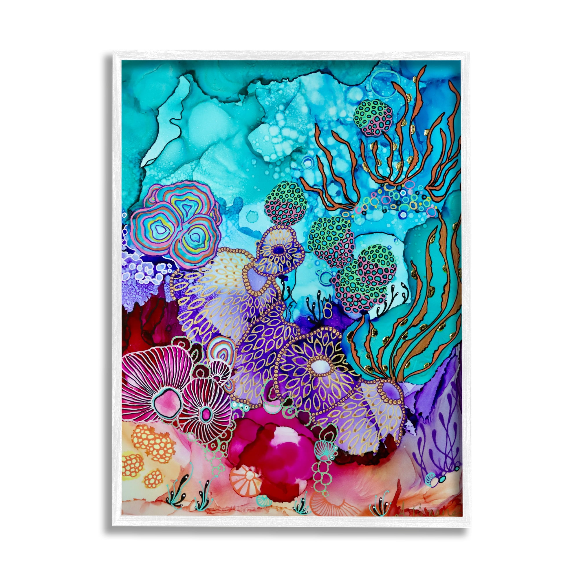 Stupell Industries Modern Coral Reef Abstract Painting White Framed Art Print Wall Art, 11 x 14