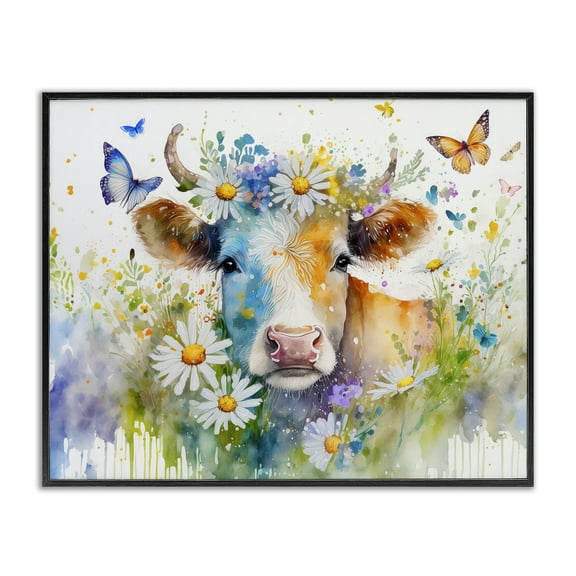 Stupell Industries Modern Cottage Cow Animals Painting Black Framed Art Print Wall Art, 14 x 11
