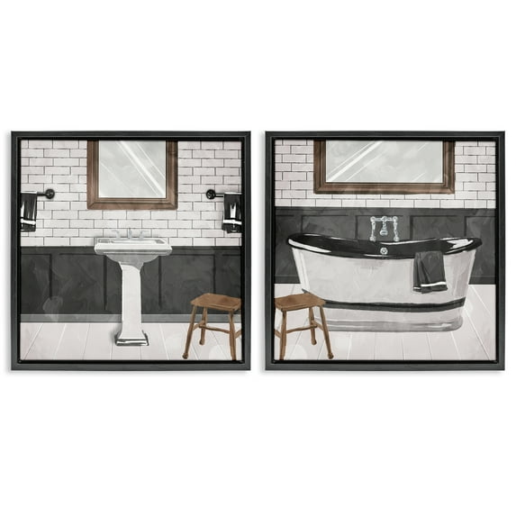 Stupell Industries Modern Country Bathroom Interior Abstract Painting Black Floater Framed Canvas Art Print Wall Art, 18 x 18, Set of 2