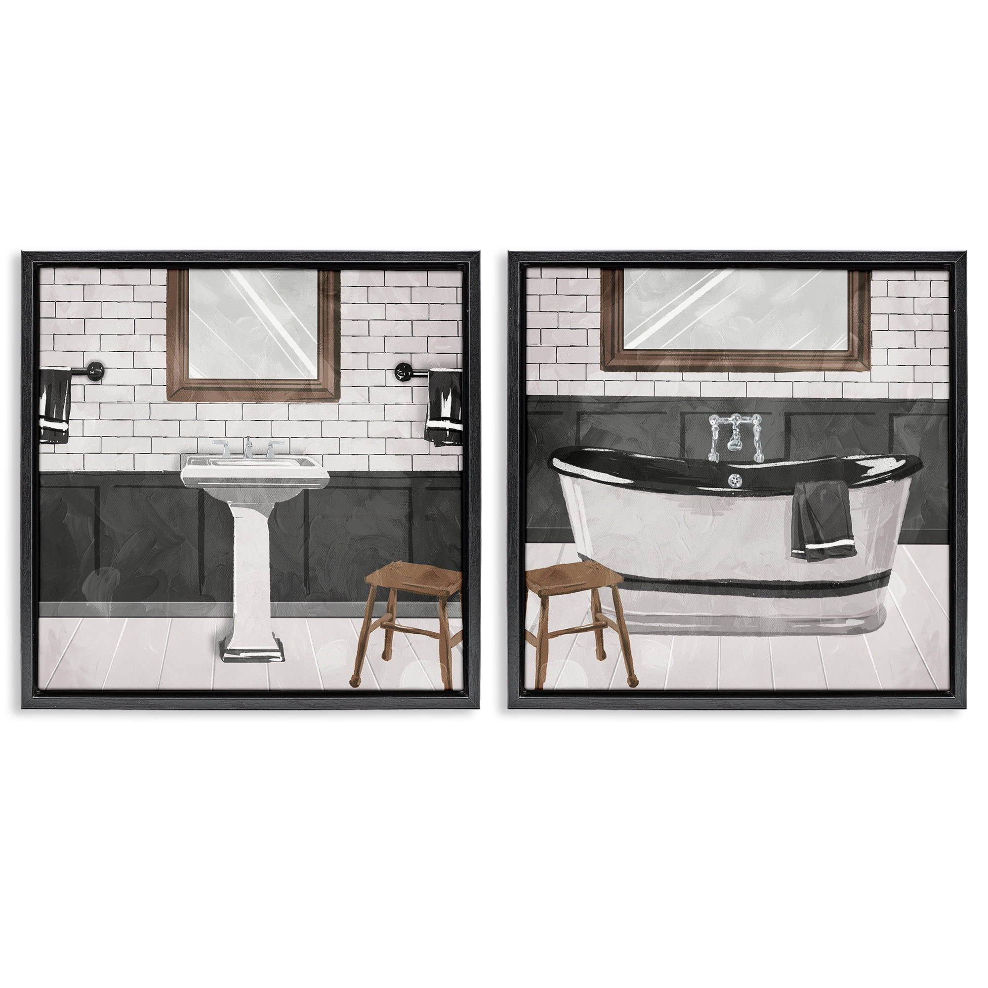 Stupell Industries Modern Country Bathroom Interior Abstract Painting Black Floater Framed Canvas Art Print Wall Art, 25 x 25, Set of 2