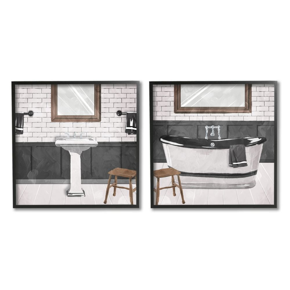 Stupell Industries Modern Country Bathroom Interior Abstract Painting Black Framed Art Print Wall Art, 17 x 17, Set of 2