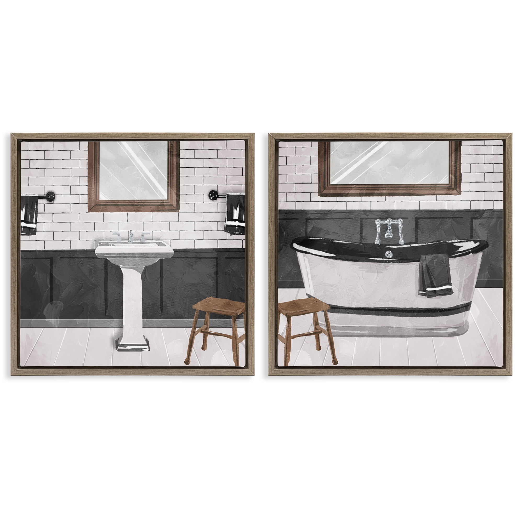 Stupell Industries Modern Country Bathroom Interior Abstract Painting Brown Floater Framed Canvas Art Print Wall Art, 18 x 18, Set of 2