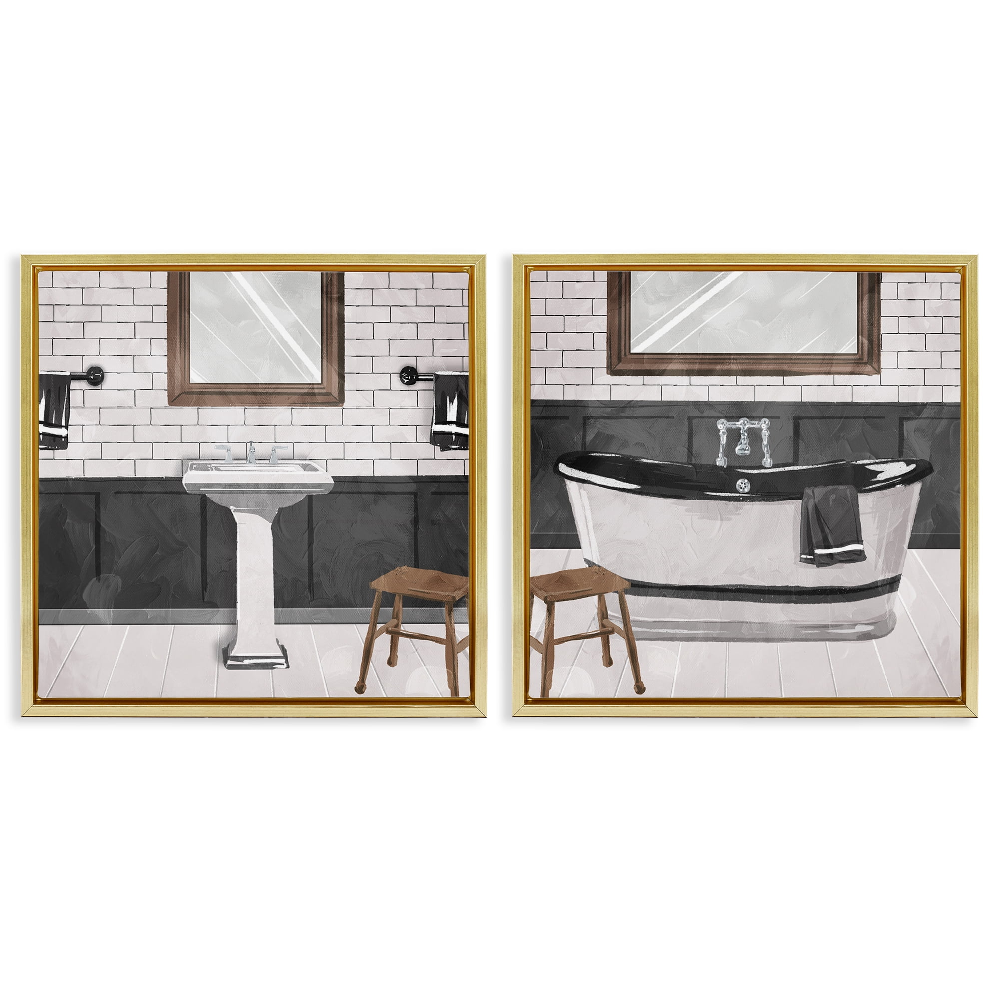 Stupell Industries Modern Country Bathroom Interior Abstract Painting Gold Floater Framed Canvas Art Print Wall Art, 18 x 18, Set of 2