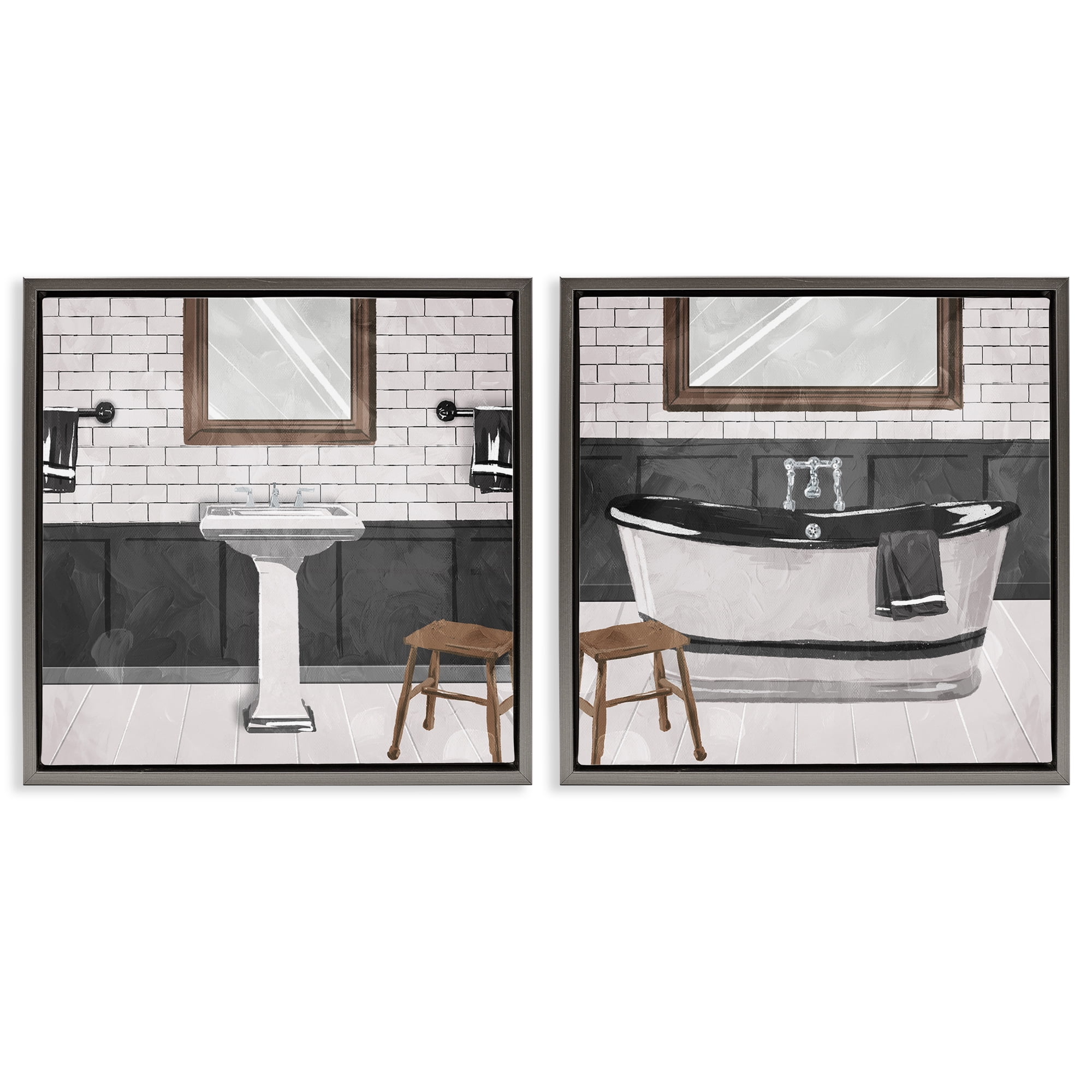 Stupell Industries Modern Country Bathroom Interior Abstract Painting Gray Floater Framed Canvas Art Print Wall Art, 18 x 18, Set of 2