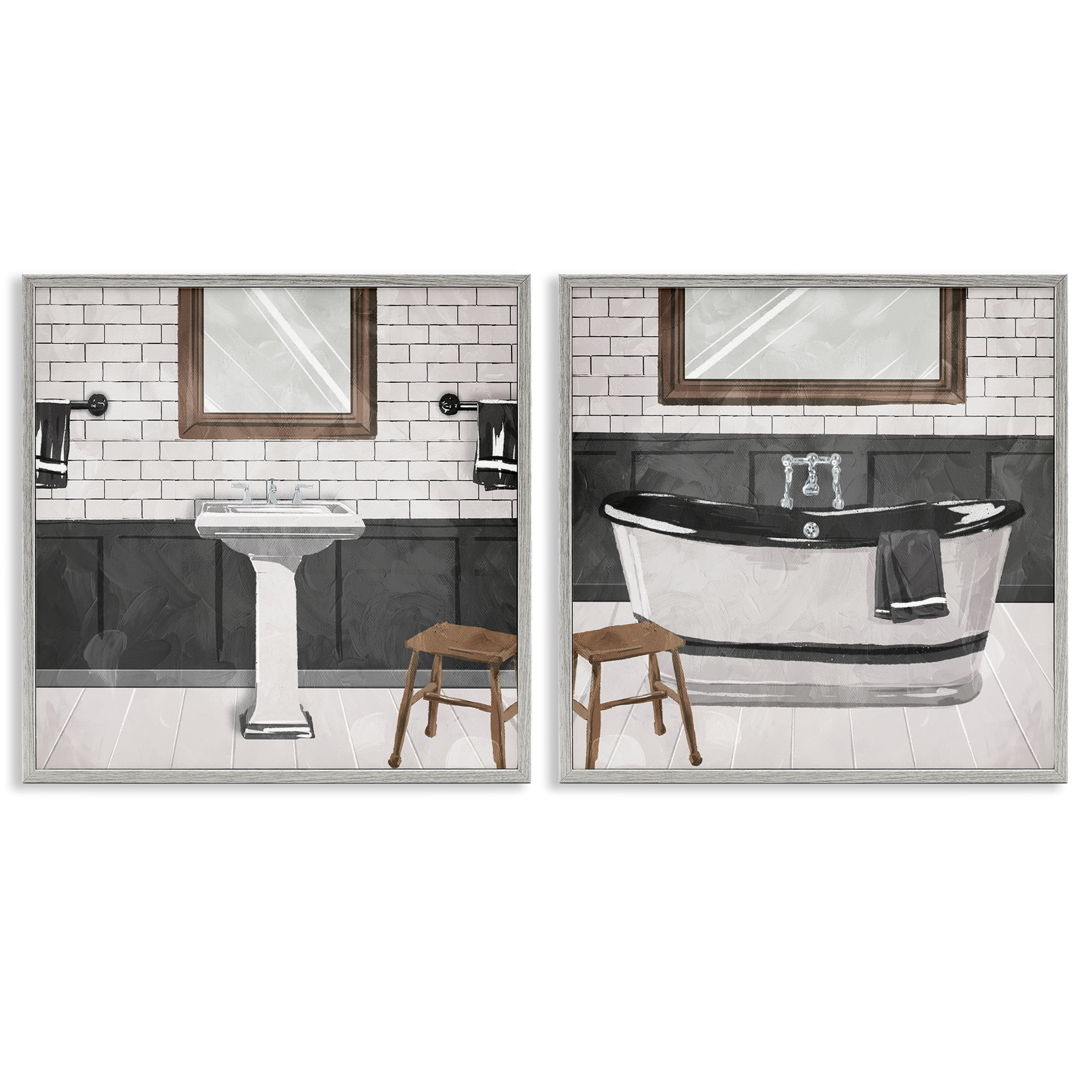 Stupell Industries Modern Country Bathroom Interior Abstract Painting Gray Framed Art Print Wall Art, 12 x 12, Set of 2