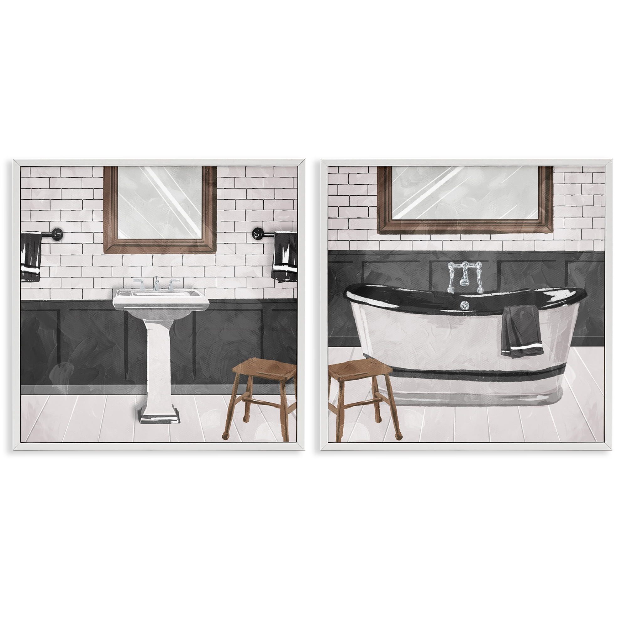 Stupell Industries Modern Country Bathroom Interior Abstract Painting White Framed Art Print Wall Art, 17 x 17, Set of 2