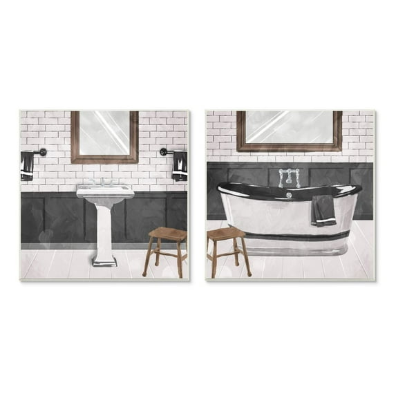 Stupell Industries Modern Country Bathroom Interior Still Life Black White Wall Plaque Design by Milli Villa, 2 Piece, 12" x 12"