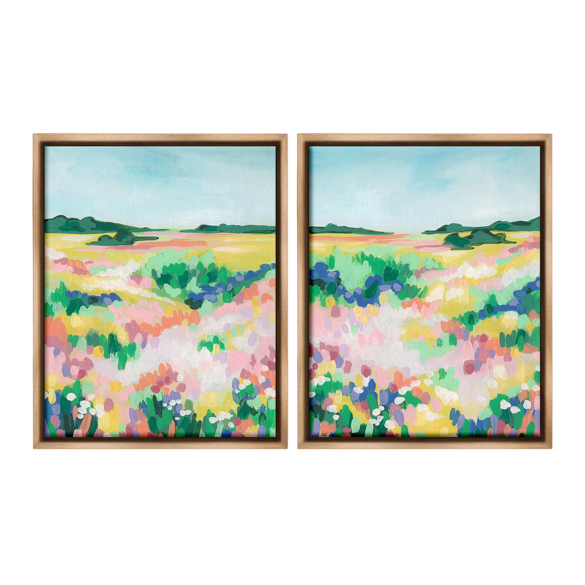 Stupell Industries Modern Country Meadow Landscape Painting Brown Floater Framed Canvas Art Print Wall Art, 25 x 31, Set of 2