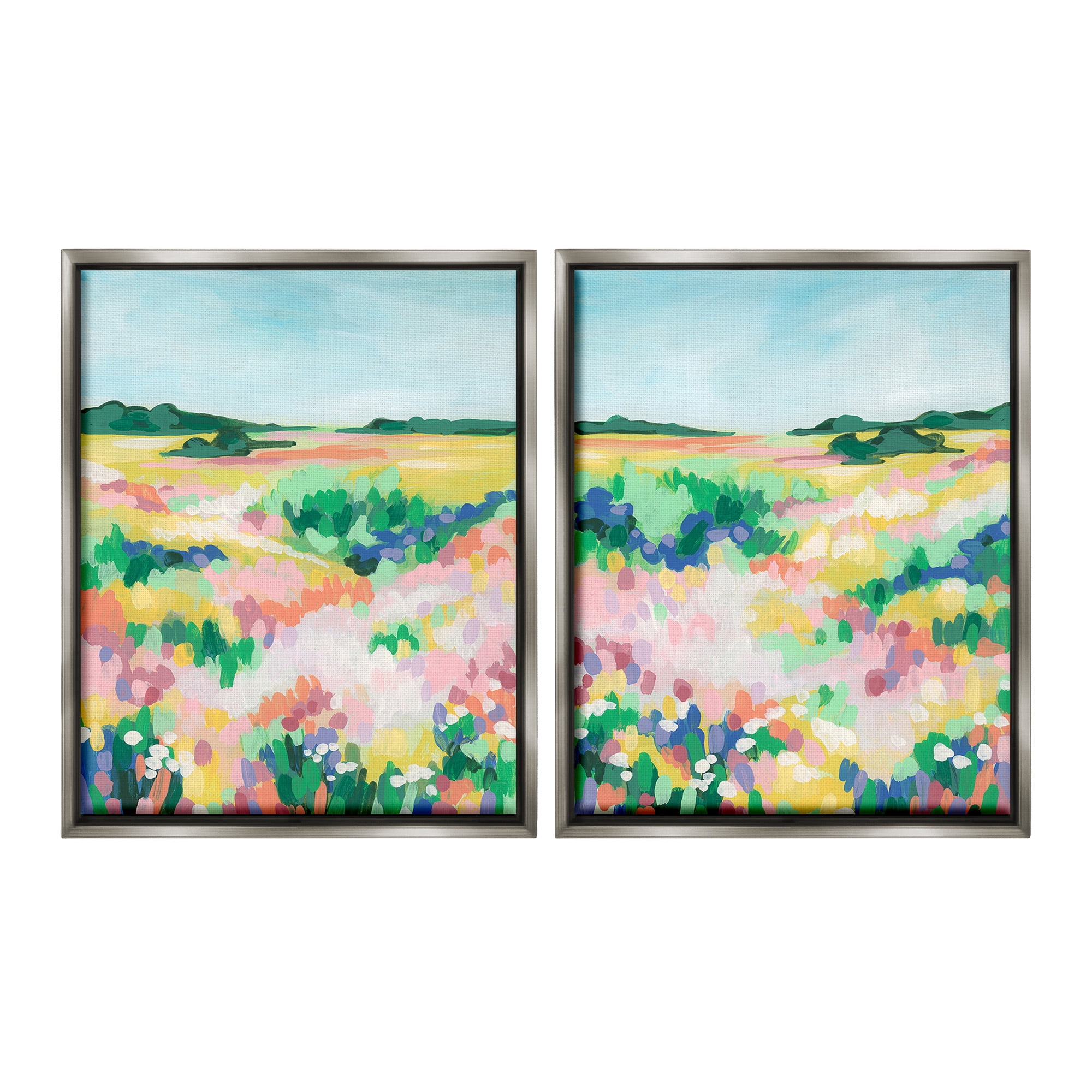 Stupell Industries Modern Country Meadow Landscape Painting Gray Floater Framed Canvas Art Print Wall Art, 25 x 31, Set of 2