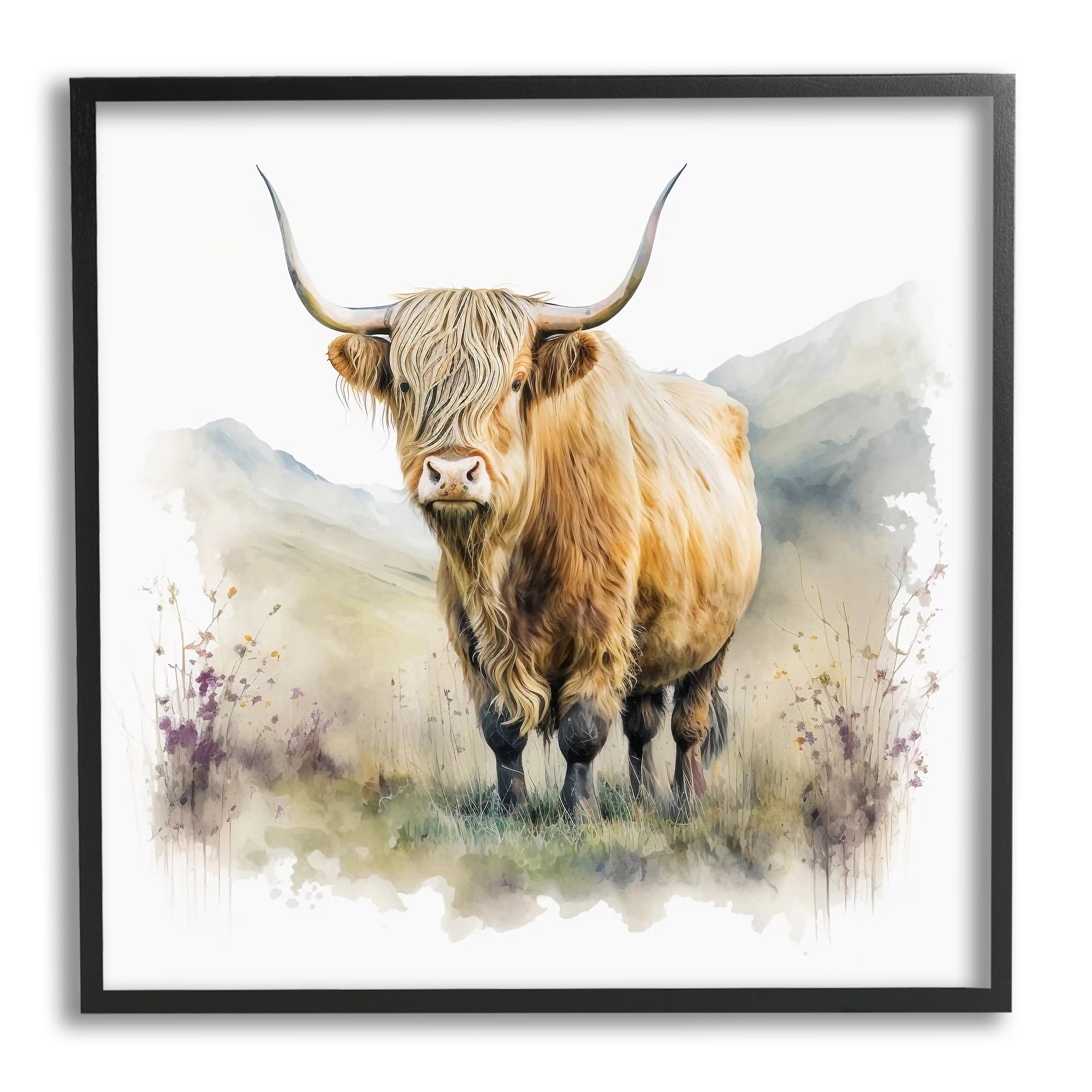 Stupell Industries Modern Cow & Mountain Animals & Insects Painting Black Framed Art Print Wall Art, 17 x 17