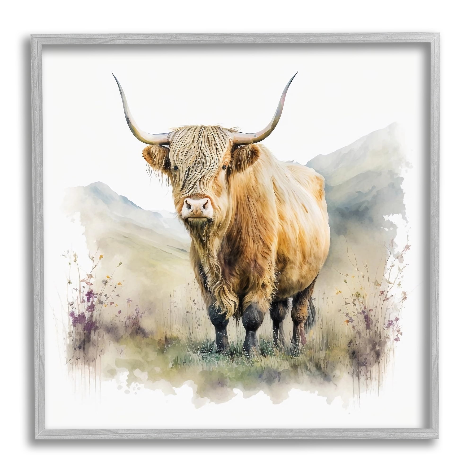 Stupell Industries Modern Cow & Mountain Animals & Insects Painting Gray Framed Art Print Wall Art, 12 x 12
