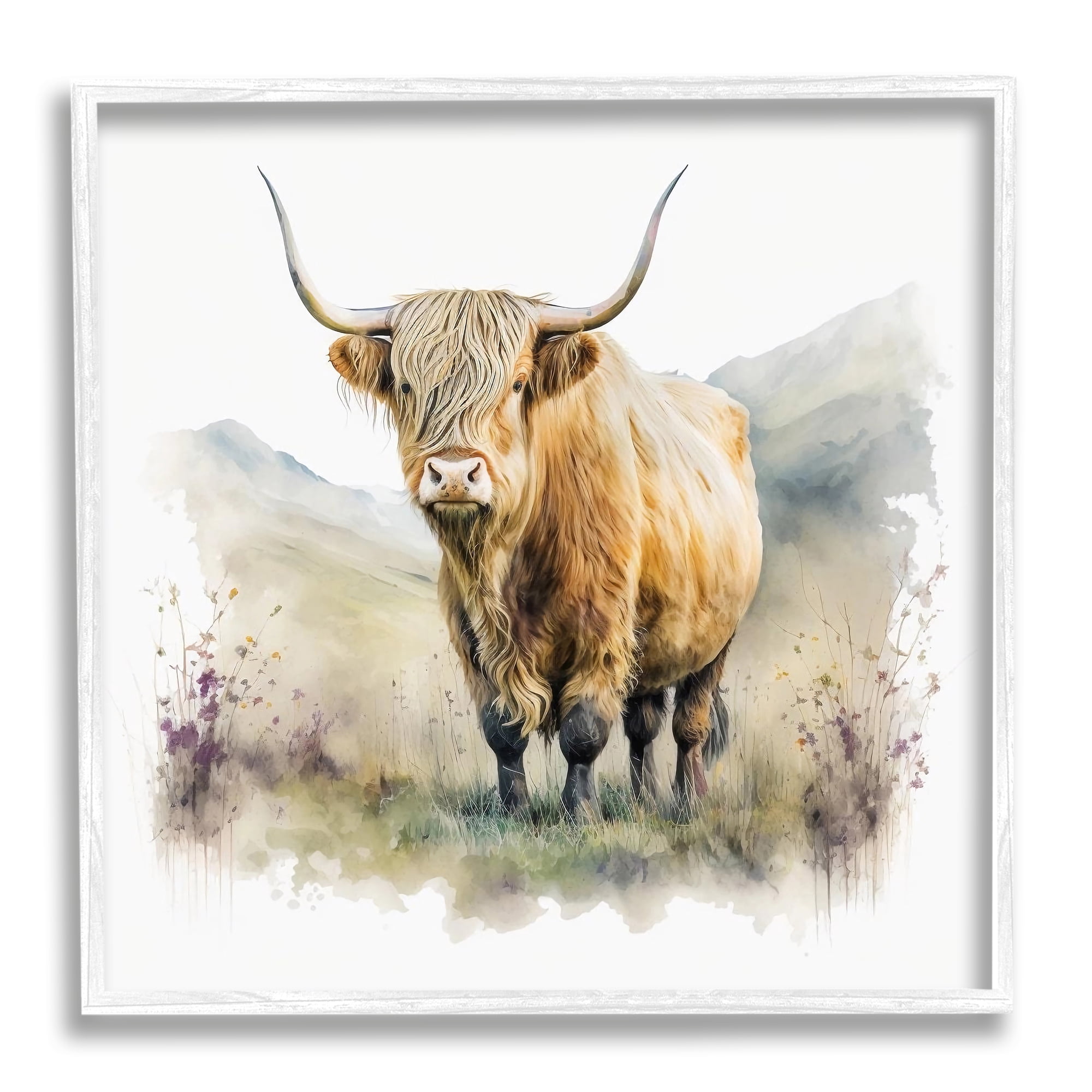Stupell Industries Modern Cow & Mountain Animals & Insects Painting White Framed Art Print Wall Art, 12 x 12