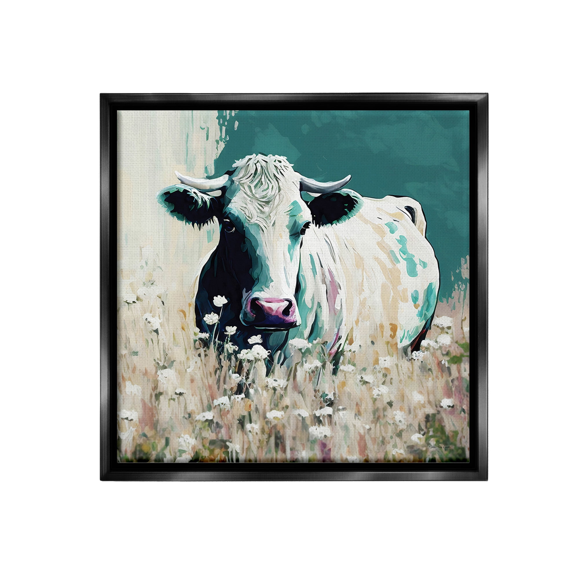 Stupell Industries Modern Cow in Meadow Animals & Insects Painting Black Floater Framed Canvas Art Print Wall Art, 25 x 25