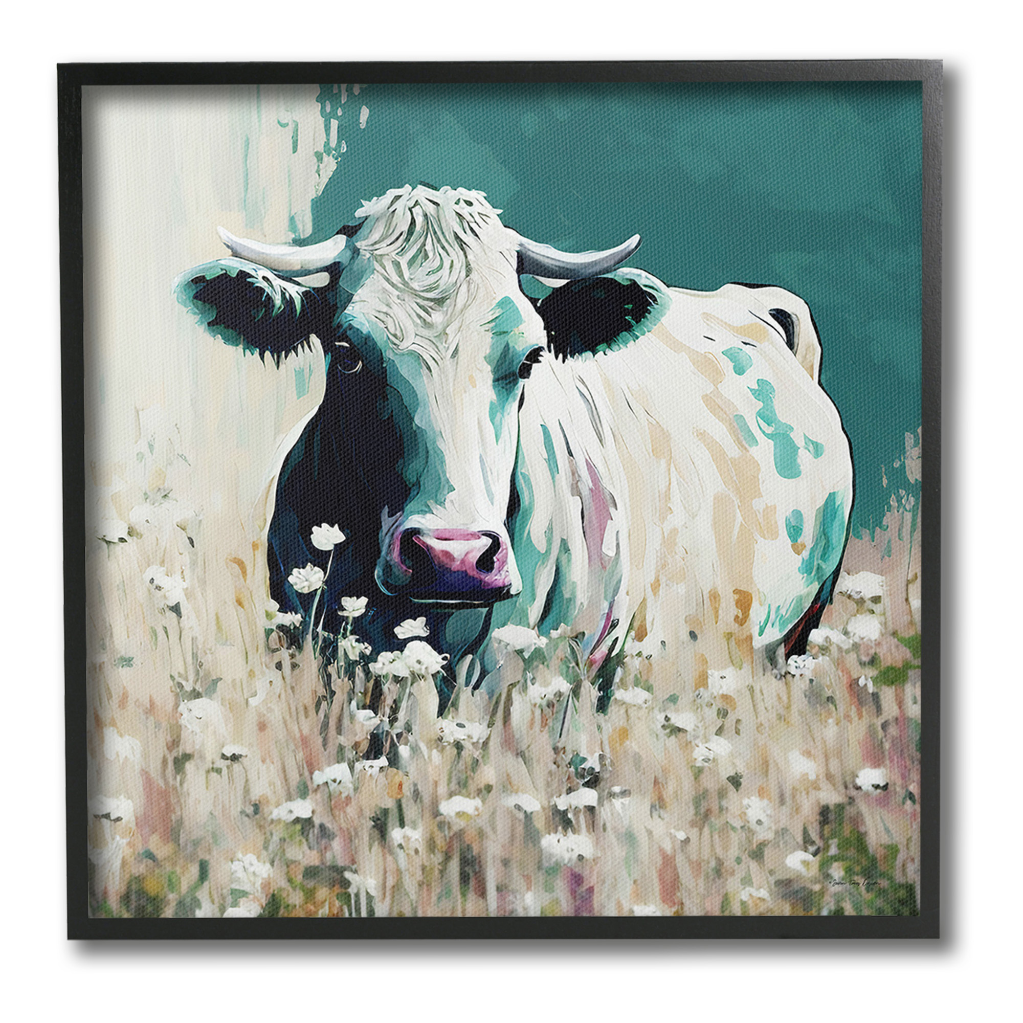 Stupell Industries Modern Cow in Meadow Animals & Insects Painting Black Framed Art Print Wall Art, 17 x 17