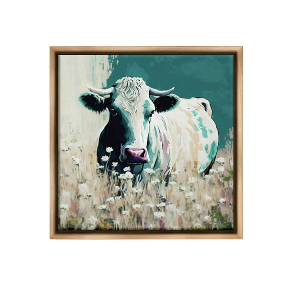 Stupell Industries Modern Cow in Meadow Animals & Insects Painting Brown Floater Framed Canvas Art Print Wall Art, 18 x 18