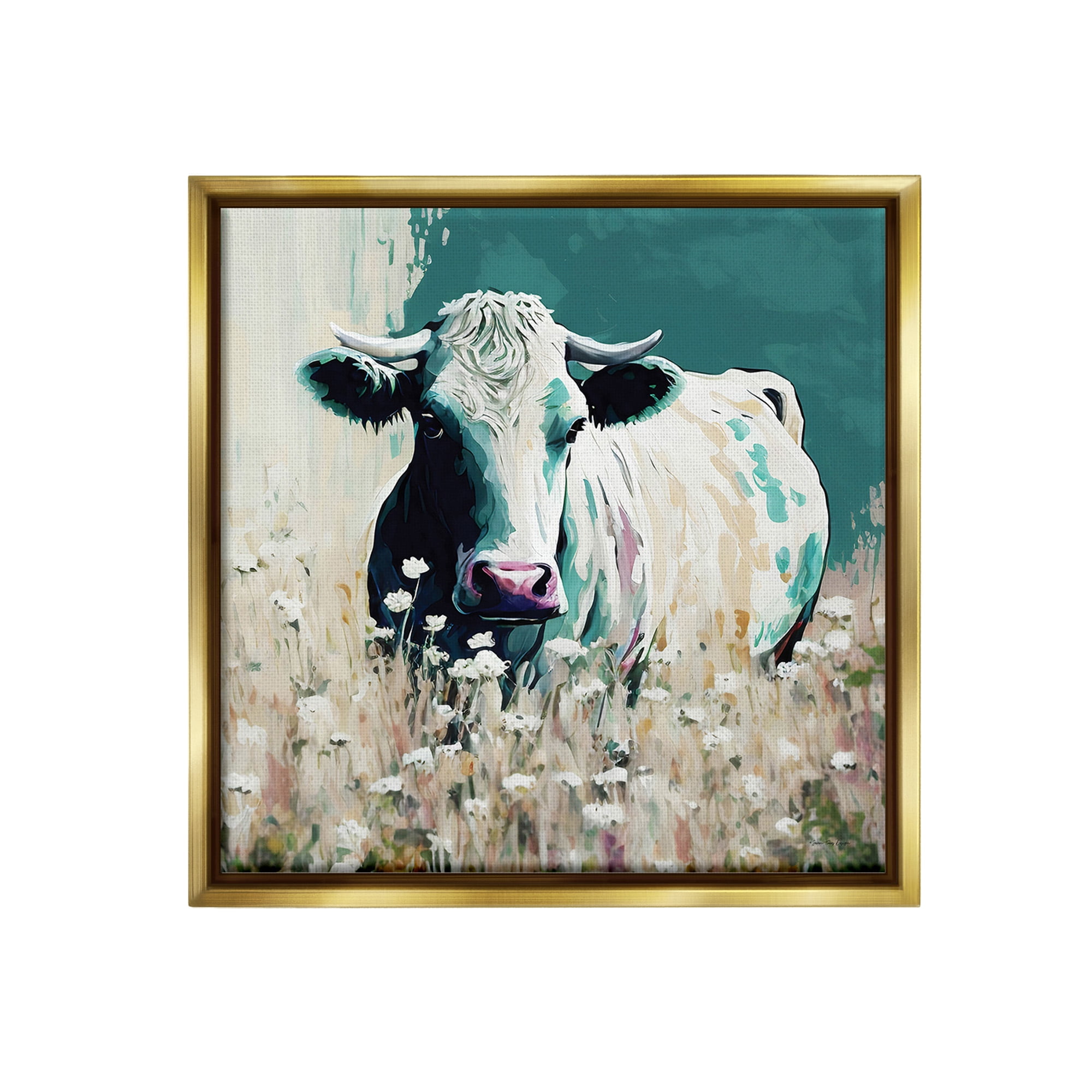 Stupell Industries Modern Cow in Meadow Animals & Insects Painting Gold Floater Framed Canvas Art Print Wall Art, 25 x 25
