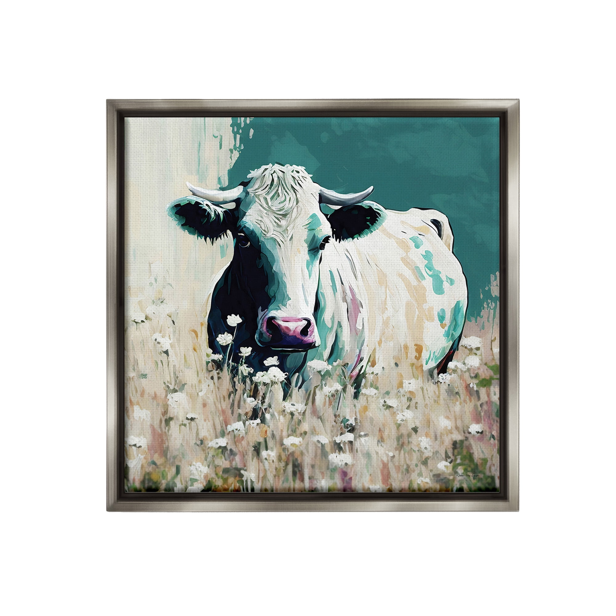 Stupell Industries Modern Cow in Meadow Animals & Insects Painting Gray Floater Framed Canvas Art Print Wall Art, 25 x 25