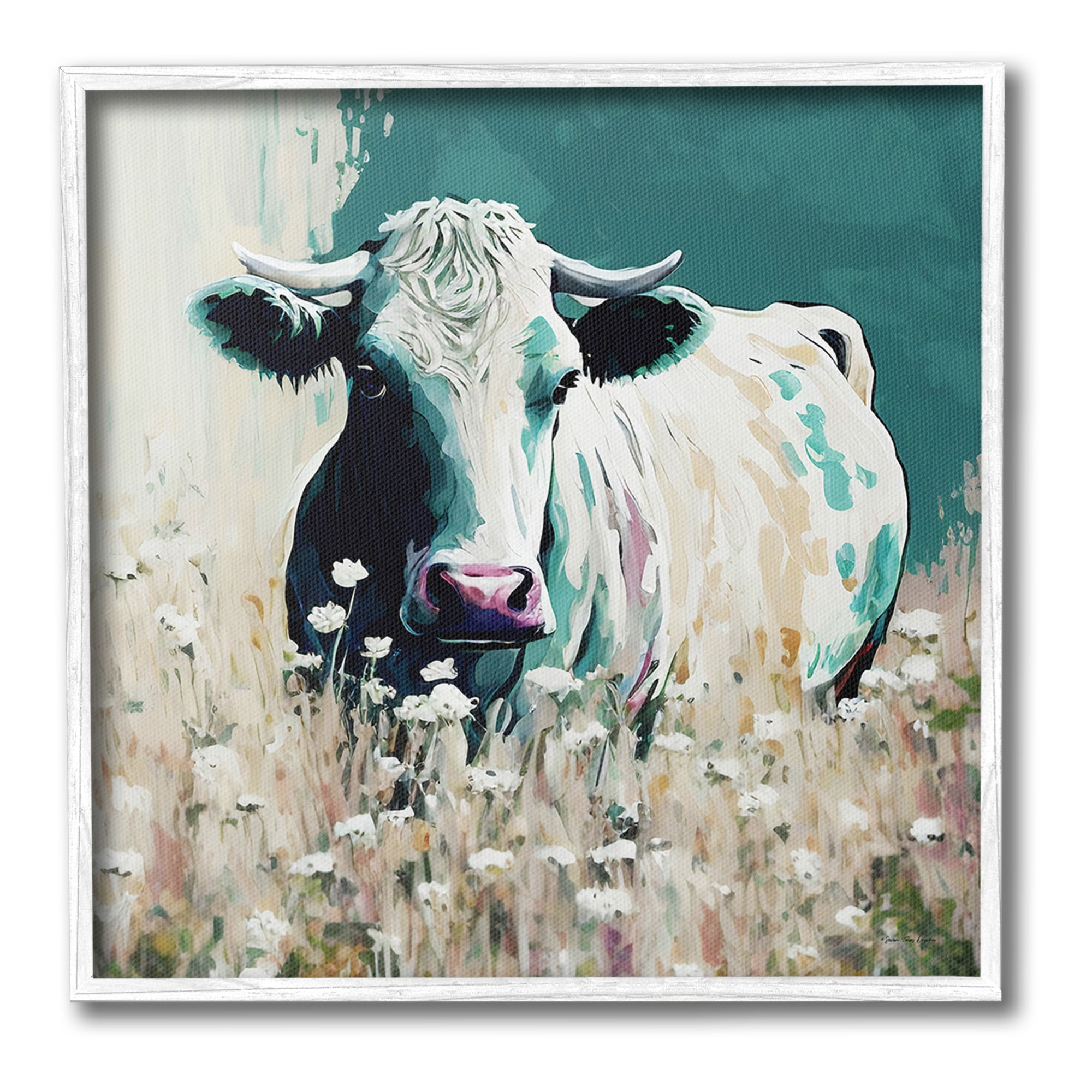 Stupell Industries Modern Cow in Meadow Animals & Insects Painting White Framed Art Print Wall Art, 24 x 24