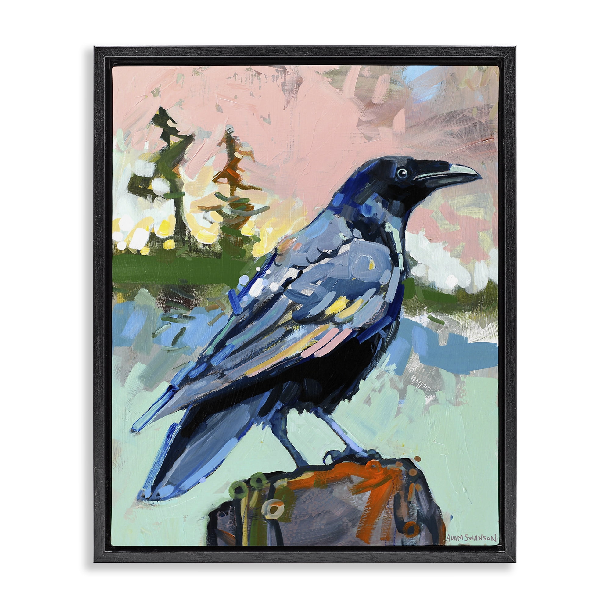Stupell Industries Modern Crow Portrait Birds Painting Black Floater Framed Canvas Art Print Wall Art, 17 x 21