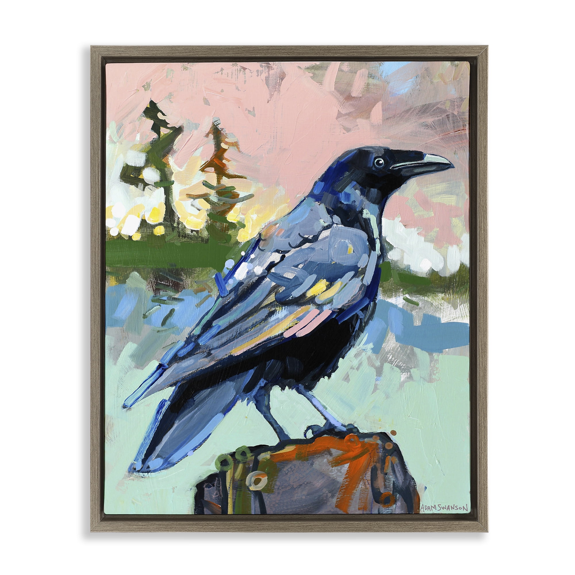 Stupell Industries Modern Crow Portrait Birds Painting Brown Floater Framed Canvas Art Print Wall Art, 17 x 21