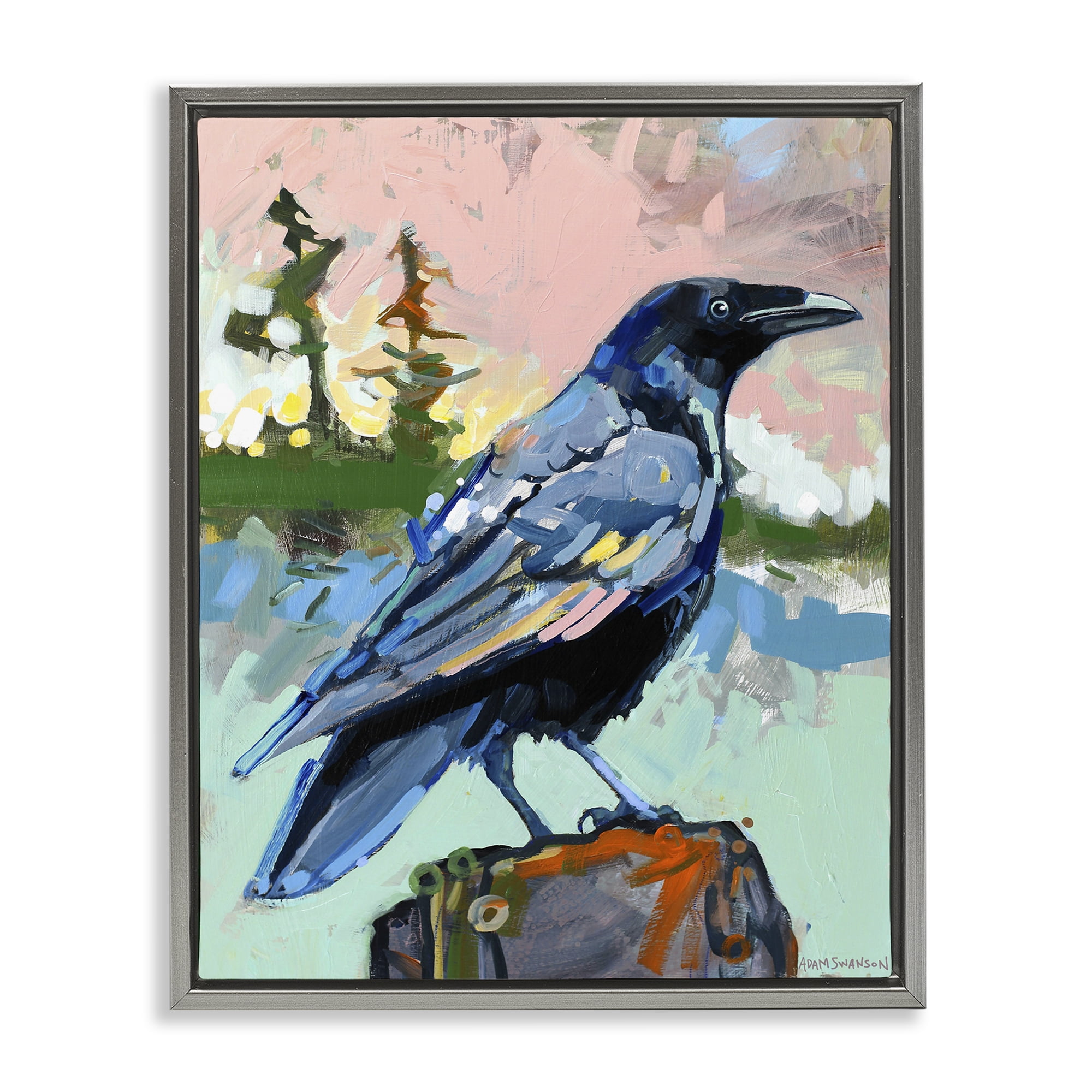 Stupell Industries Modern Crow Portrait Birds Painting Gray Floater Framed Canvas Art Print Wall Art, 17 x 21