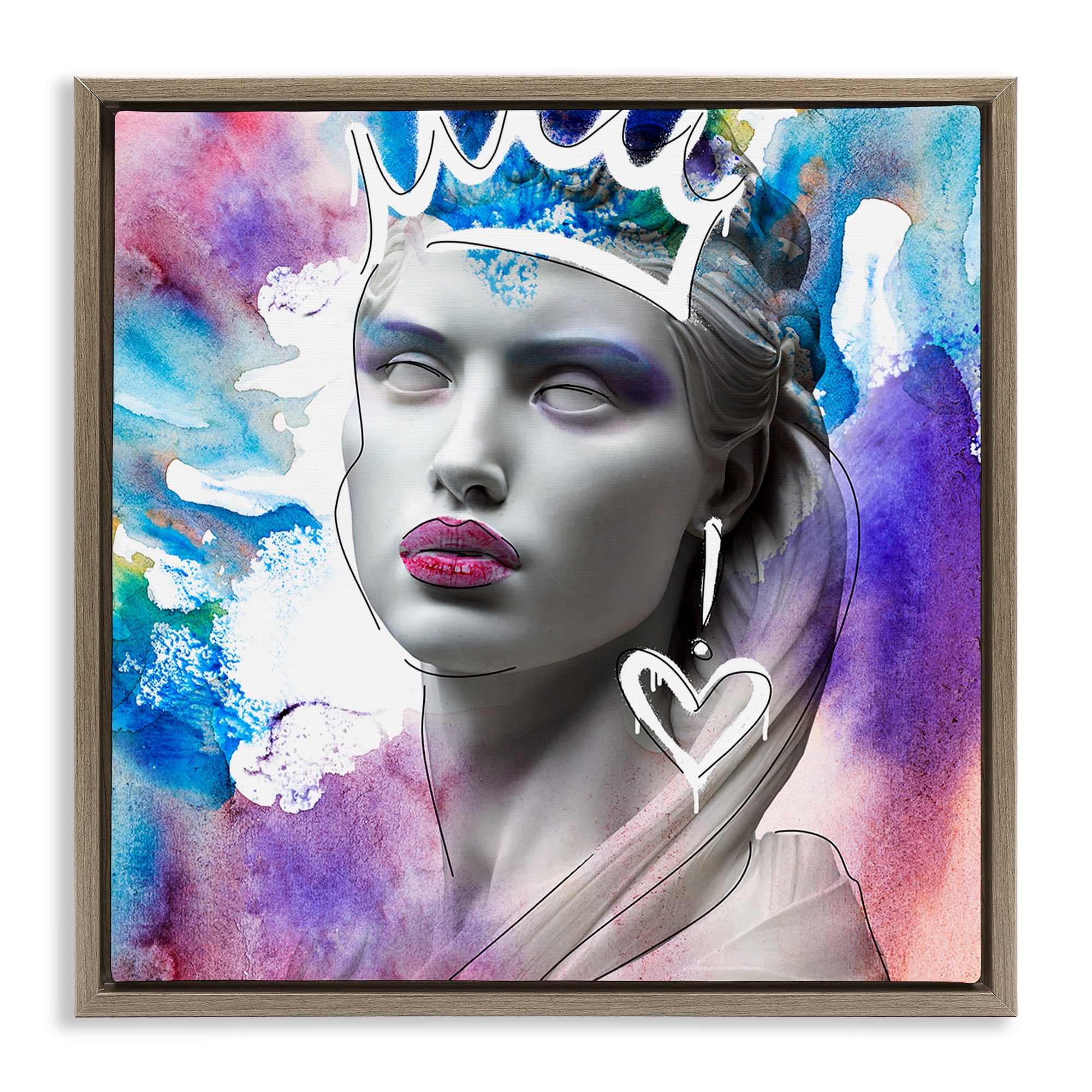 Stupell Industries Modern Crowned Woman People Painting Brown Floater Framed Canvas Art Print Wall Art, 18 x 18