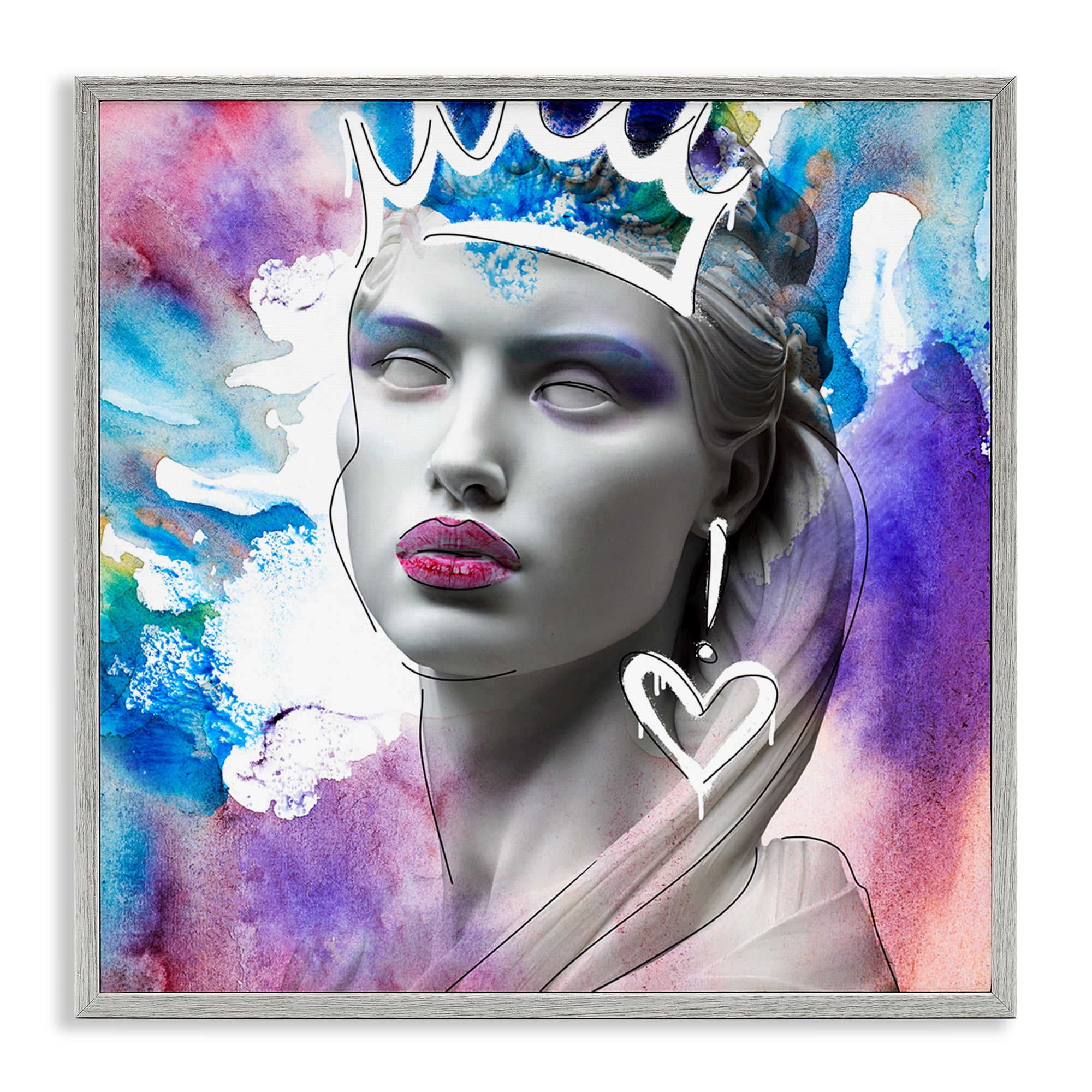 Stupell Industries Modern Crowned Woman People Painting Gray Framed Art Print Wall Art, 17 x 17