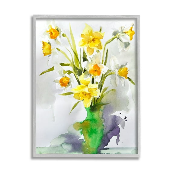 Stupell Industries Modern Daffodils Vase Botanical & Floral Painting Gray Framed Art Print Wall Art, 16 x 20