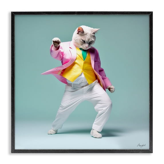 Stupell Industries Modern Dancing Cat Portrait Black Framed Giclee Art, 12 x 12, by Roozbeh