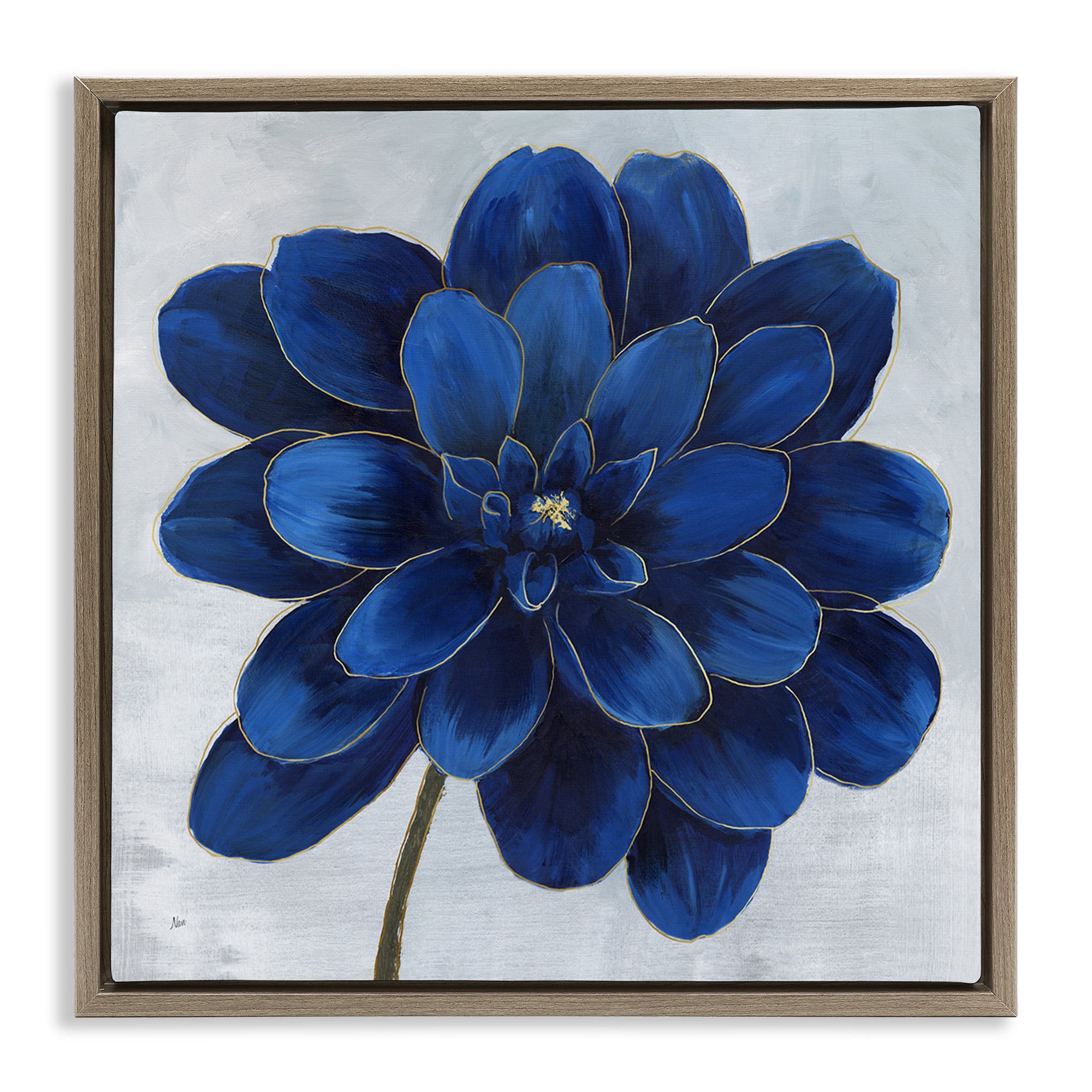 Stupell Industries Modern Deep Blue Floral Carnation Botanical & Floral Painting Brown Floater Framed Canvas Art Print Wall Art, 25 x 25