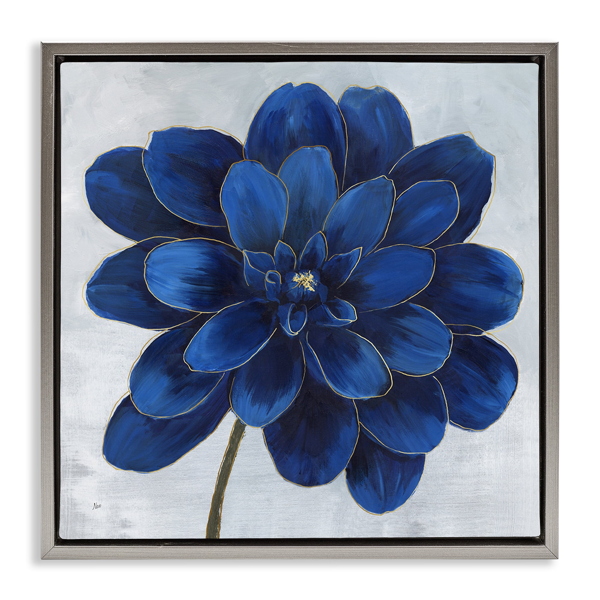 Stupell Industries Modern Deep Blue Floral Carnation Botanical & Floral Painting Gray Floater Framed Canvas Art Print Wall Art, 18 x 18