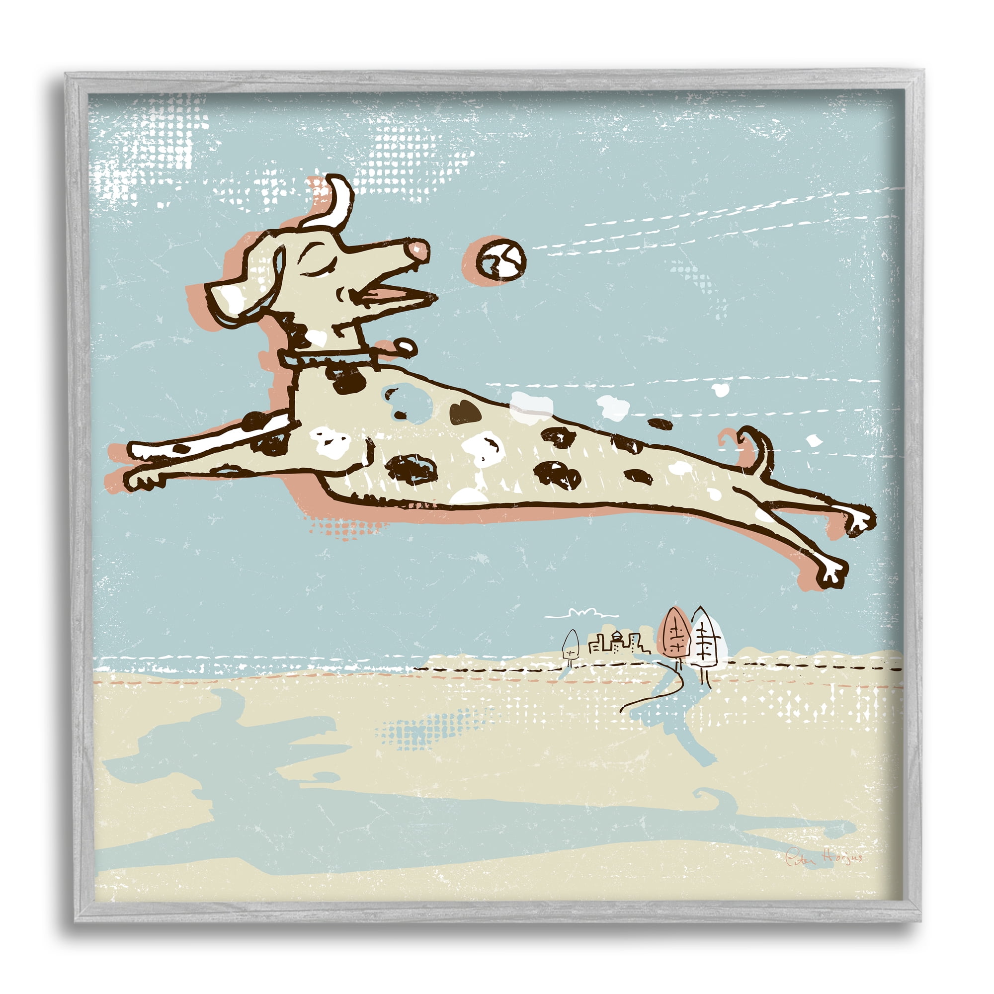 Stupell Industries Modern Dog Playing Fetch Animals & Insects Painting Gray Framed Art Print Wall Art, 17 x 17