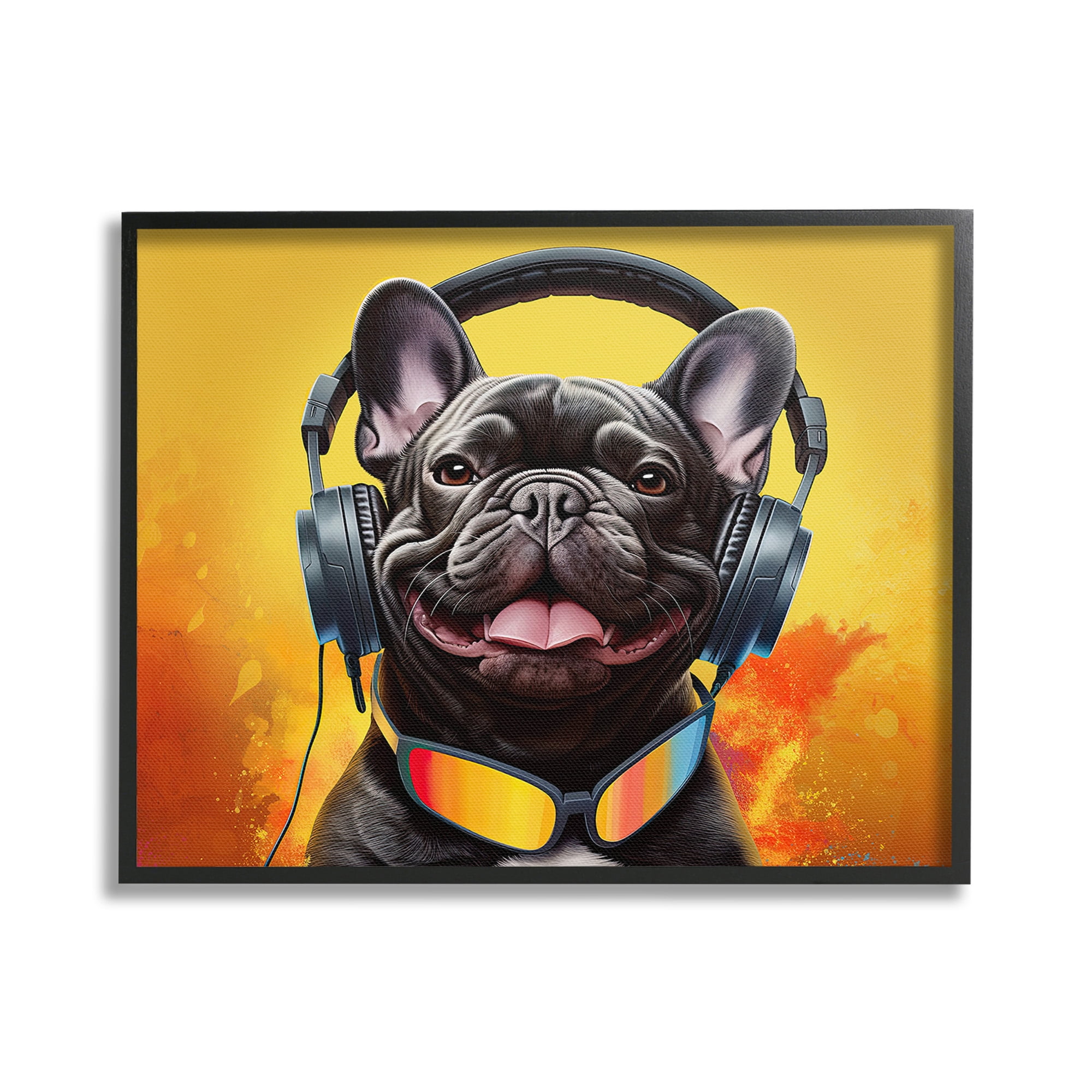 Stupell Industries Modern Dog with Headphones Animals & Insects Painting Black Framed Art Print Wall Art, 20 x 16