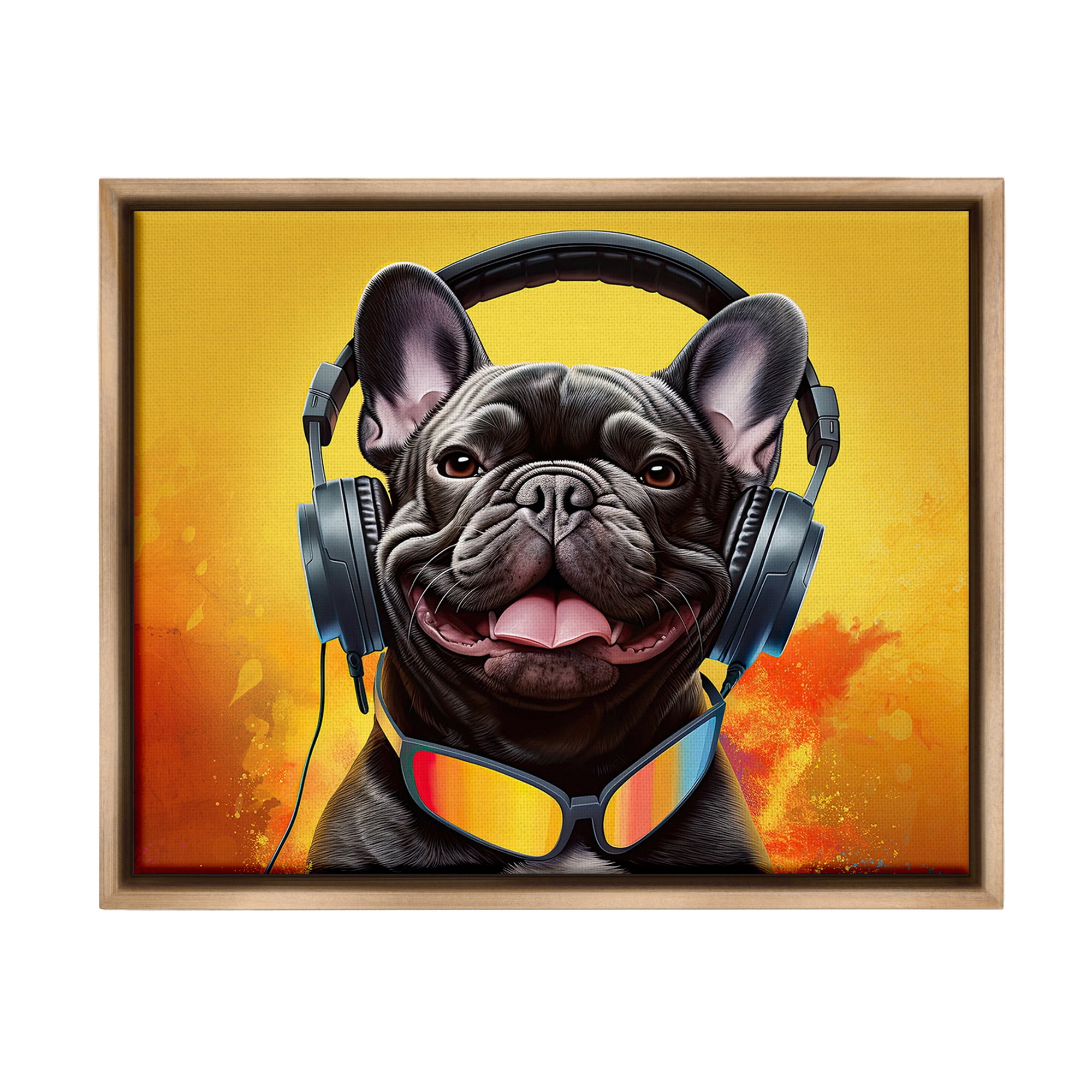 Stupell Industries Modern Dog with Headphones Animals & Insects Painting Brown Floater Framed Canvas Art Print Wall Art, 31 x 25
