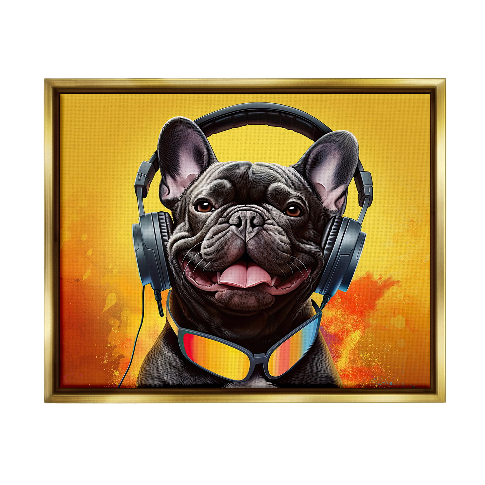 Stupell Industries Modern Dog with Headphones Animals & Insects Painting Gold Floater Framed Canvas Art Print Wall Art, 21 x 17