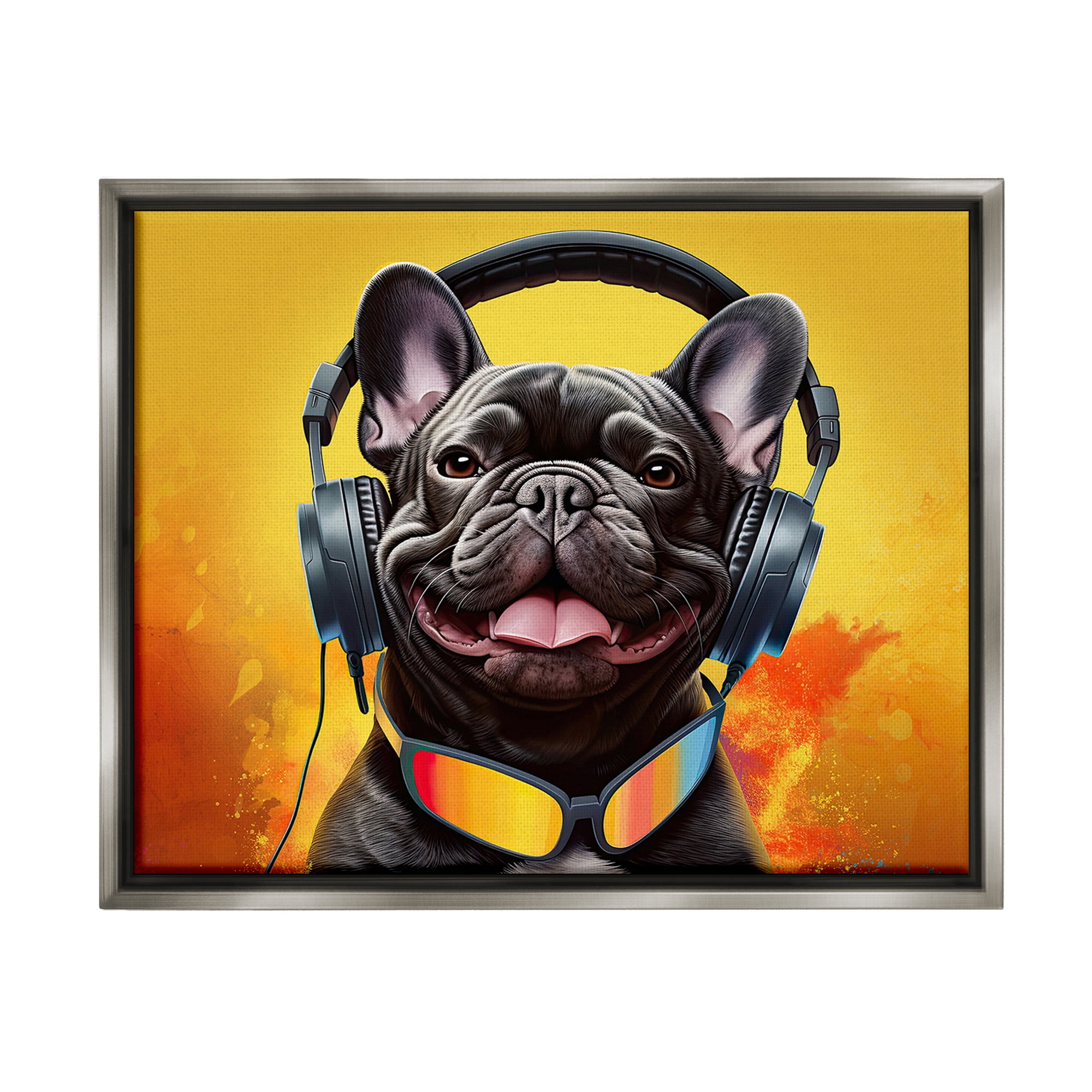 Stupell Industries Modern Dog with Headphones Animals & Insects Painting Gray Floater Framed Canvas Art Print Wall Art, 21 x 17