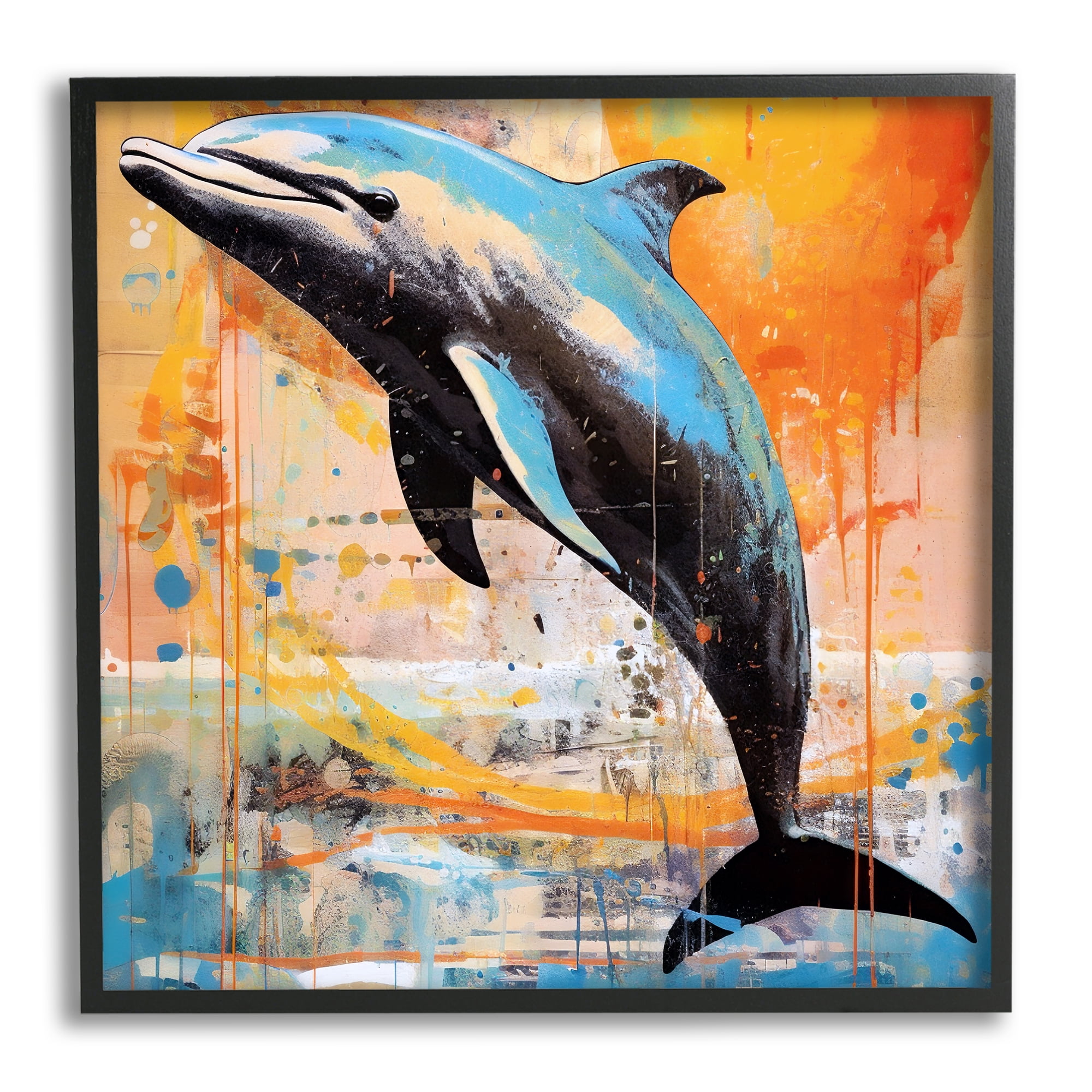 Stupell Industries Modern Dolphin Collage Animals & Insects Painting Black Framed Art Print Wall Art, 17 x 17