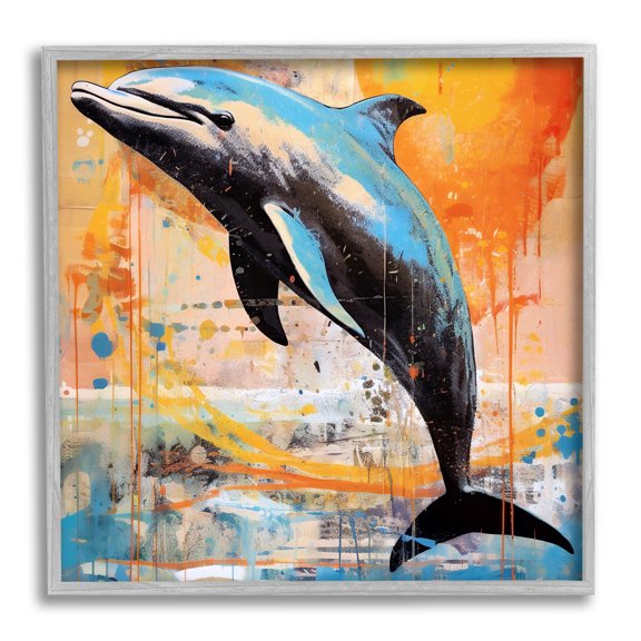 Stupell Industries Modern Dolphin Collage Animals & Insects Painting Gray Framed Art Print Wall Art, 17 x 17