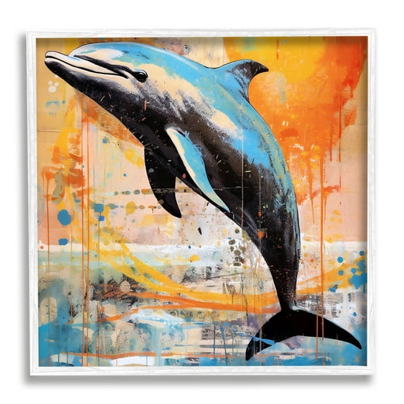 Stupell Industries Modern Dolphin Collage Animals & Insects Painting White Framed Art Print Wall Art, 12 x 12