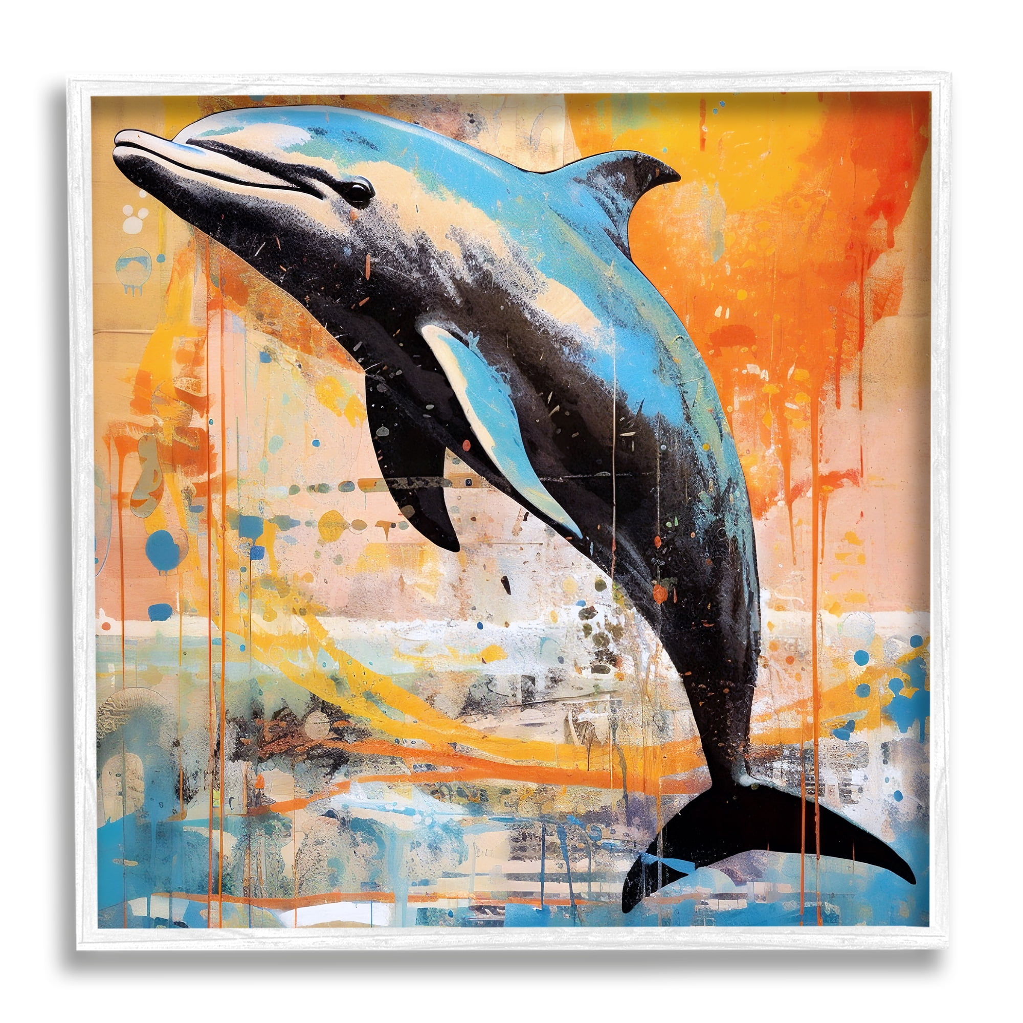 Stupell Industries Modern Dolphin Collage Animals & Insects Painting White Framed Art Print Wall Art, 24 x 24